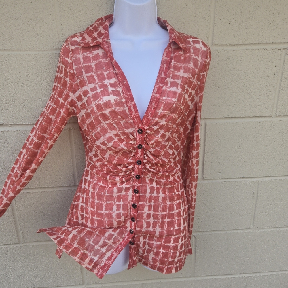 Free People- Sheer- 3/4 Button Front- Long Sleeve- Blouse- Red/Tan- Size Medium